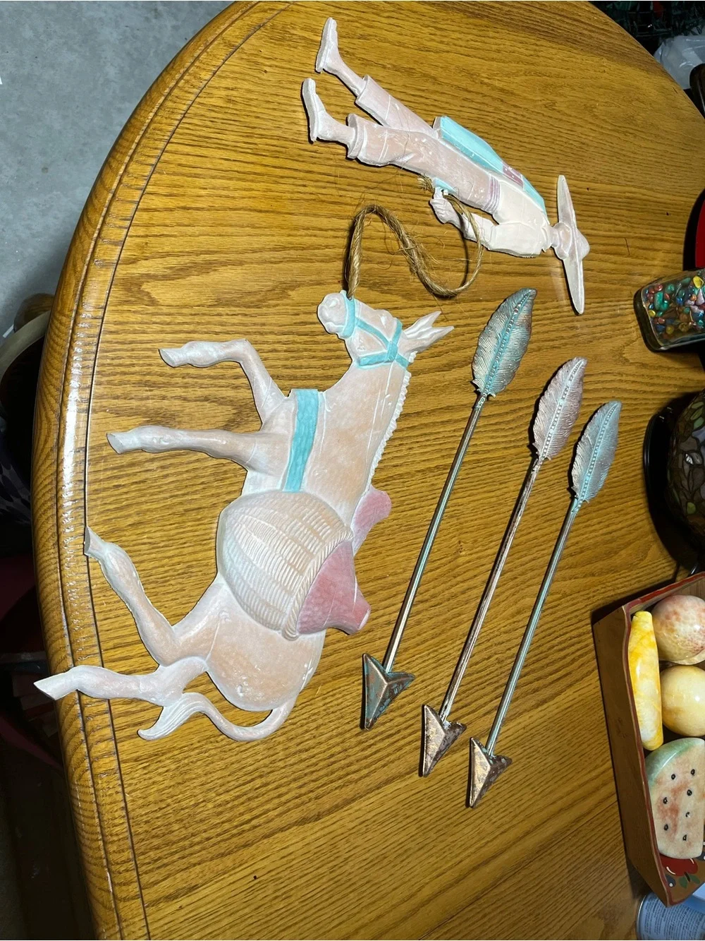 Pastel Donkey/ Man Wall Accent in Pink and Teal - and 3 Arrows.  Metal